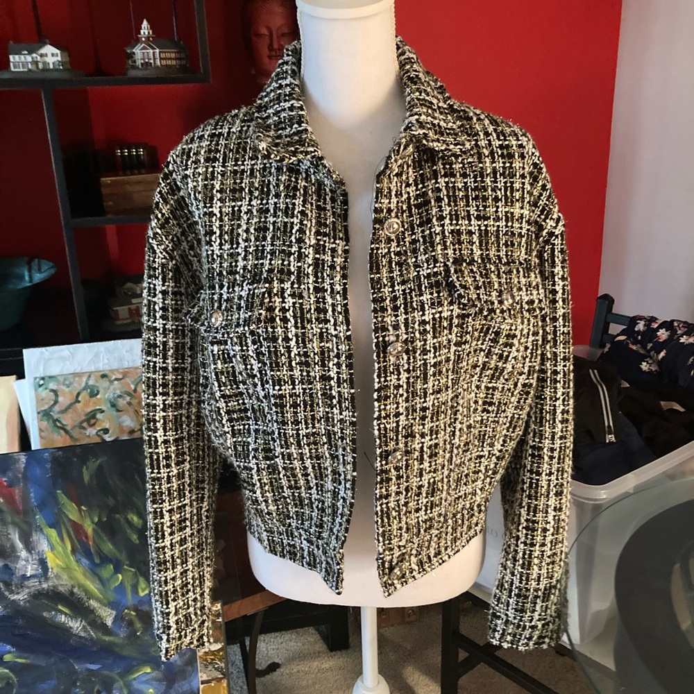 Black and White Tweed jacket  Chanel style with Gold and silver Accents
